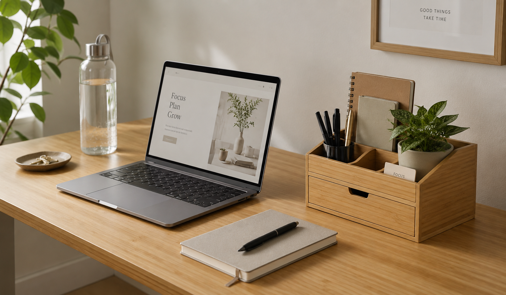 Clean organized modern desk with everyday comfort items